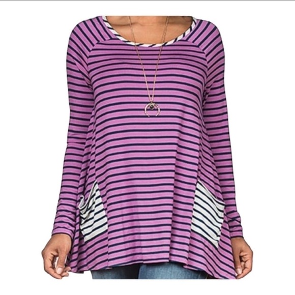 Matilda Jane Stretch Jersey Knit Striped Purple and Navy Long Sleeve Tunic Top - Picture 1 of 6